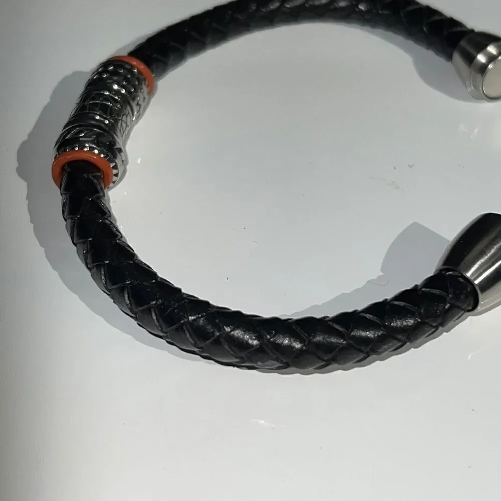 Braided Leather Bracelet Silver Tone & Red | Magnet Clasp